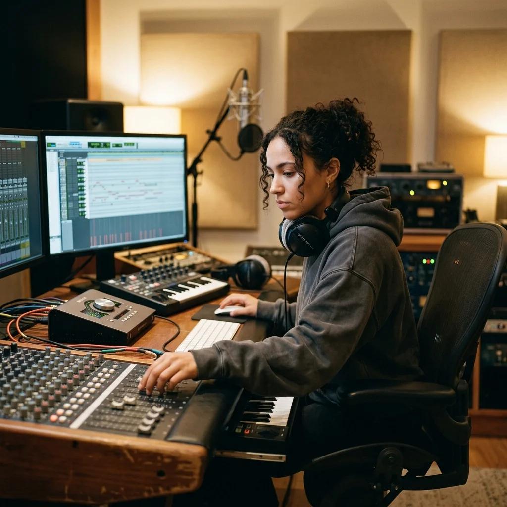 Independent musician shaping an AI music idea in a bright home studio