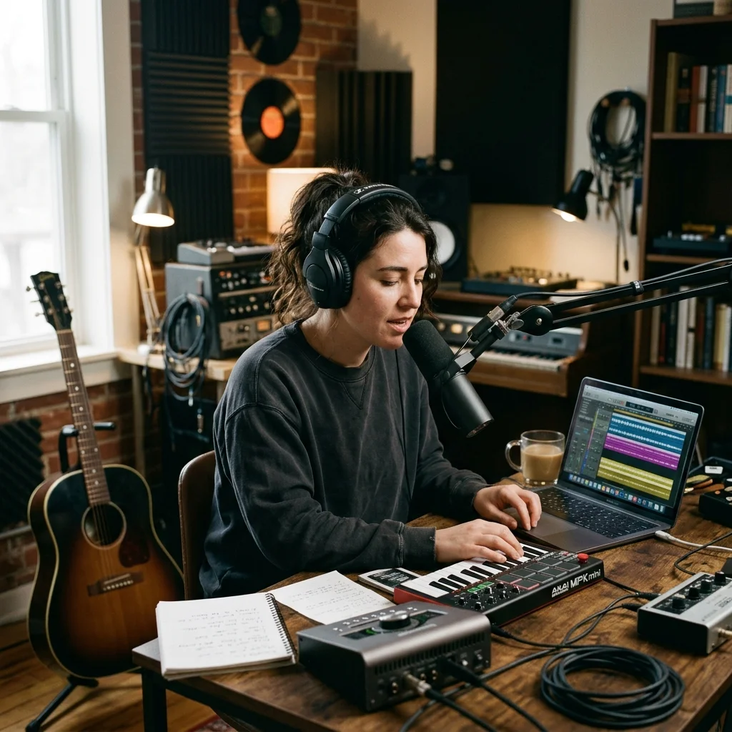 Vocalist recording a clean voice sample in a bright vocal booth