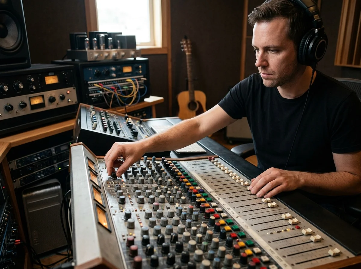 Audio engineer separating vocal and instrumental stems in a clean studio