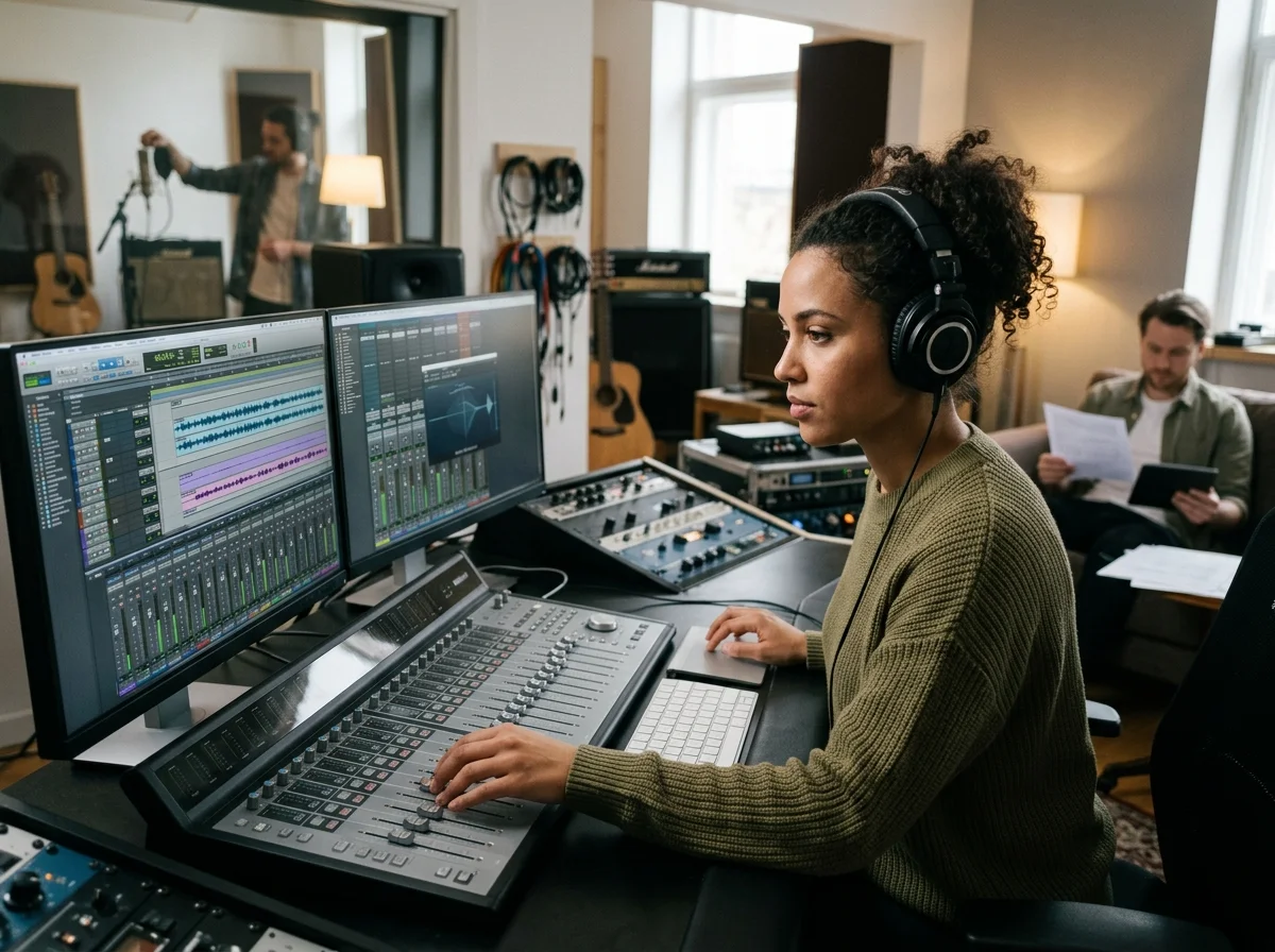 Creator editing a music video with waveform and caption timeline