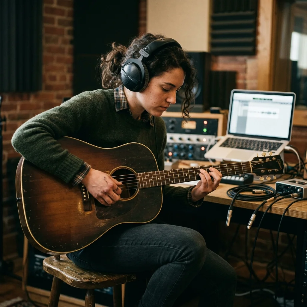 Audio engineer separating vocal and instrumental stems in a clean studio