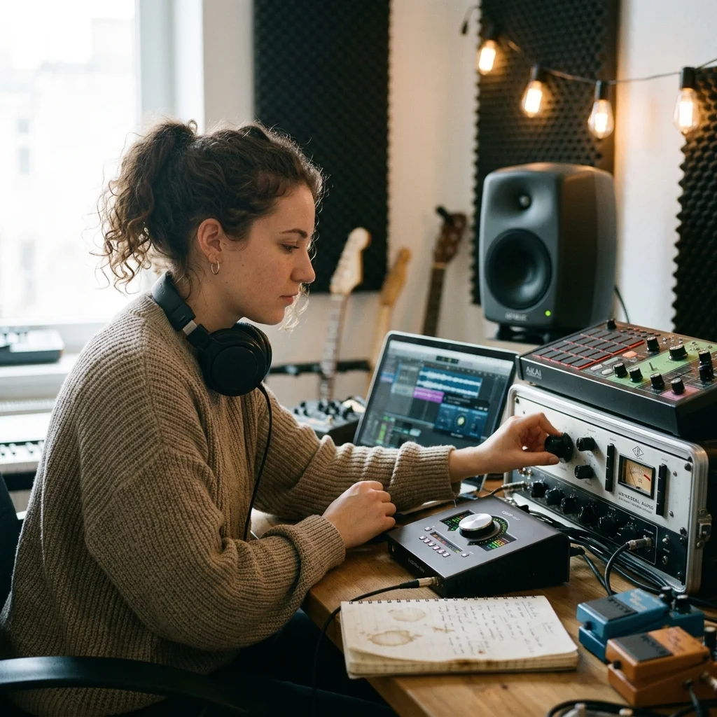 Independent musician shaping an AI music idea in a bright home studio