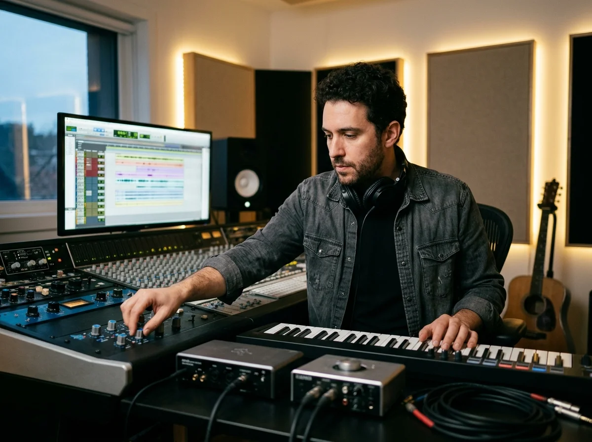 Audio engineer separating vocal and instrumental stems in a clean studio