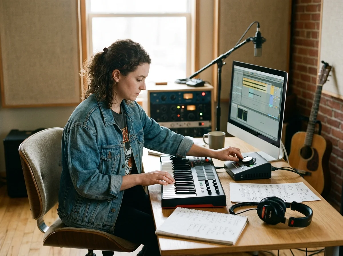 Independent musician shaping an AI music idea in a bright home studio