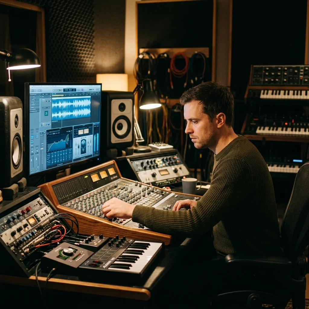 Composer building chords and MIDI ideas on a digital piano