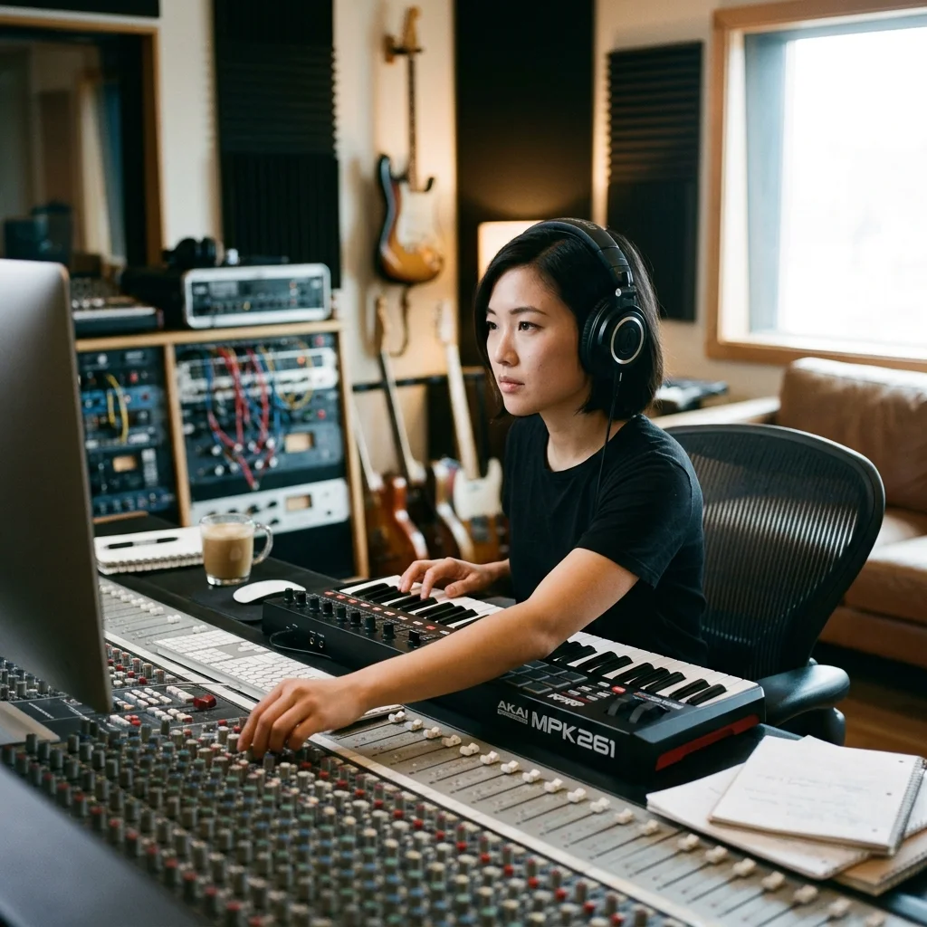 Audio engineer separating vocal and instrumental stems in a clean studio