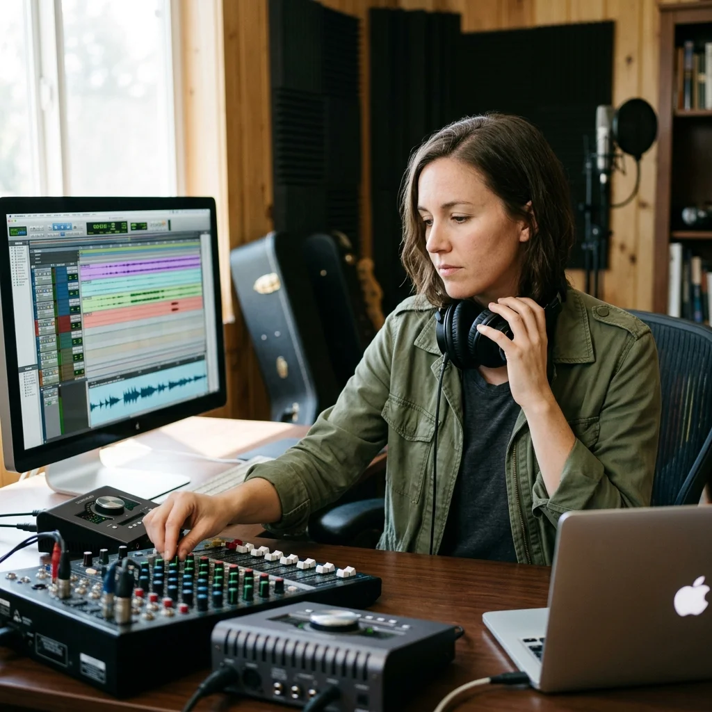 Audio engineer separating vocal and instrumental stems in a clean studio
