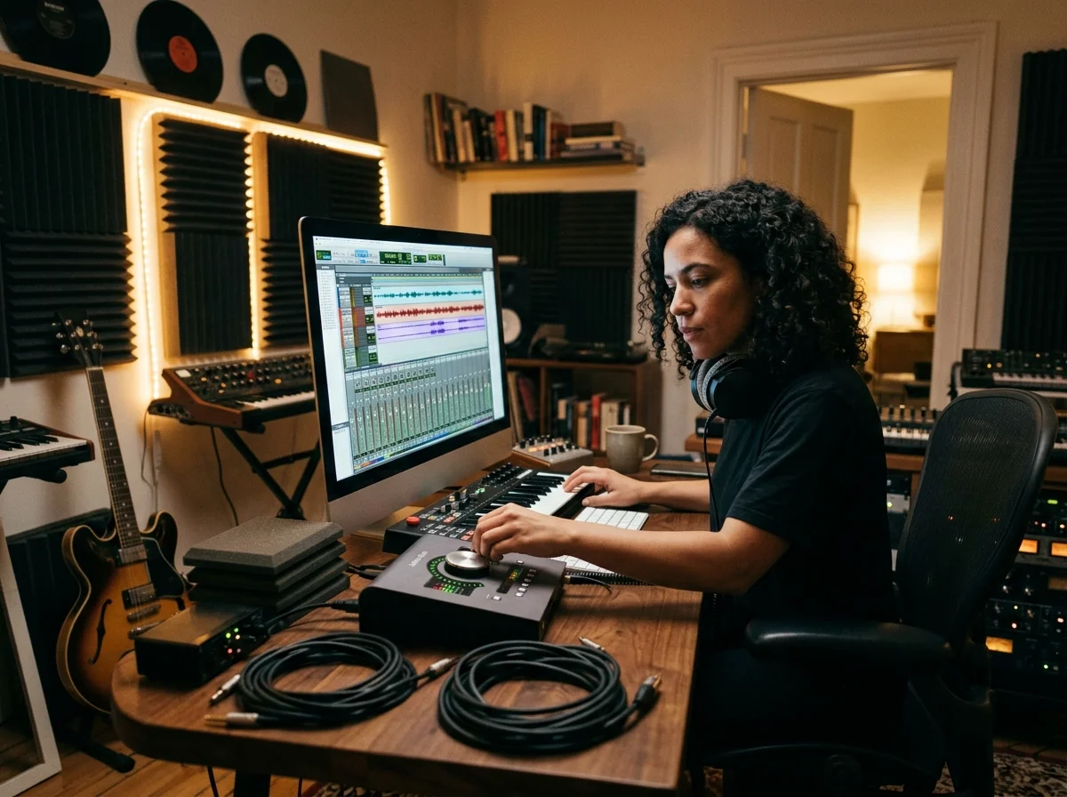 Independent musician shaping an AI music idea in a bright home studio