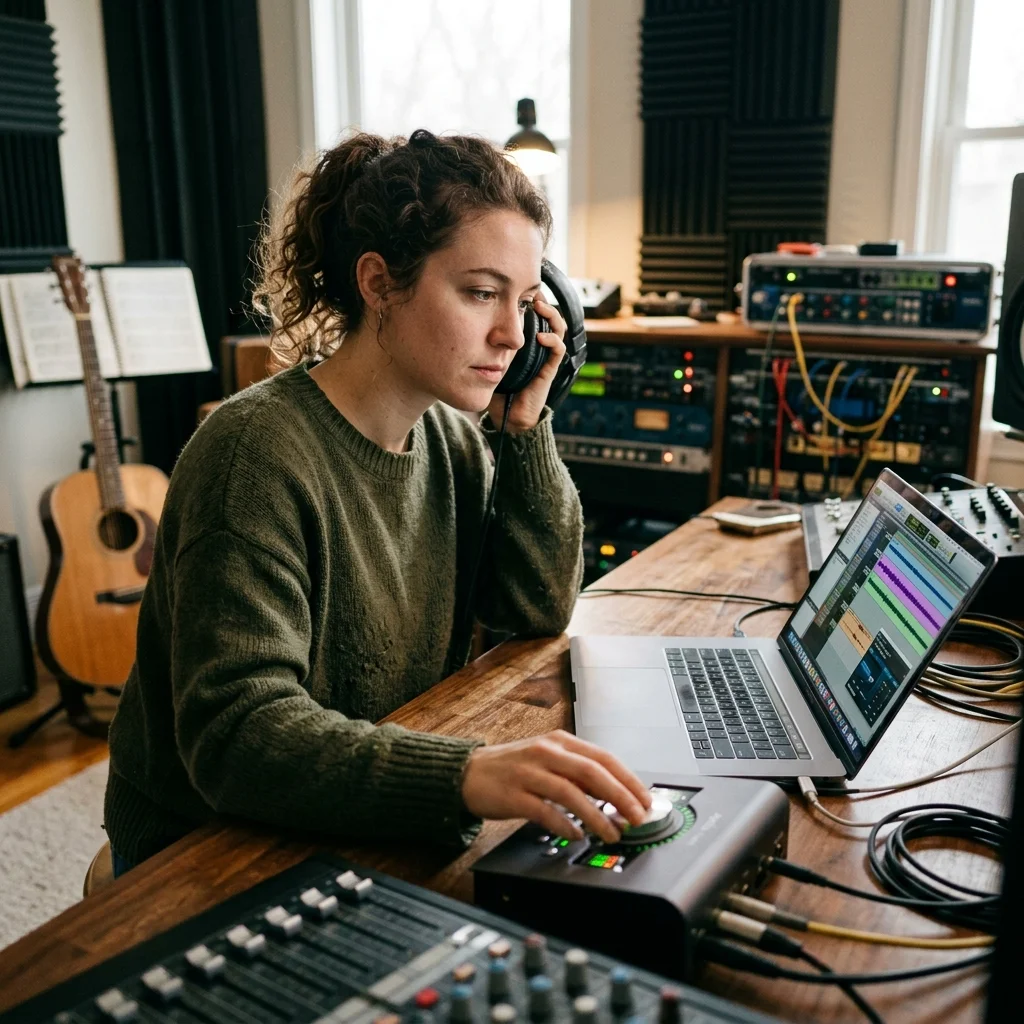 Audio engineer separating vocal and instrumental stems in a clean studio