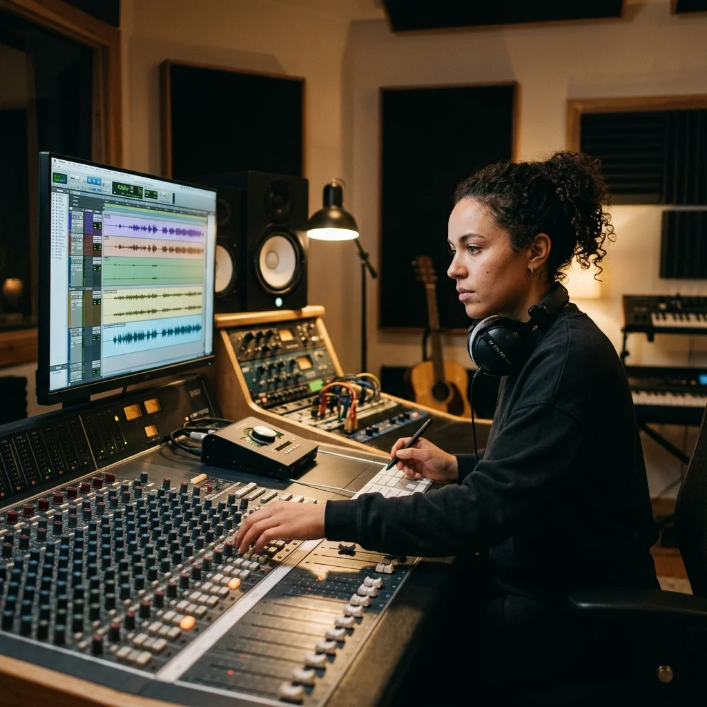 Sound designer analyzing BPM key and pitch before editing audio