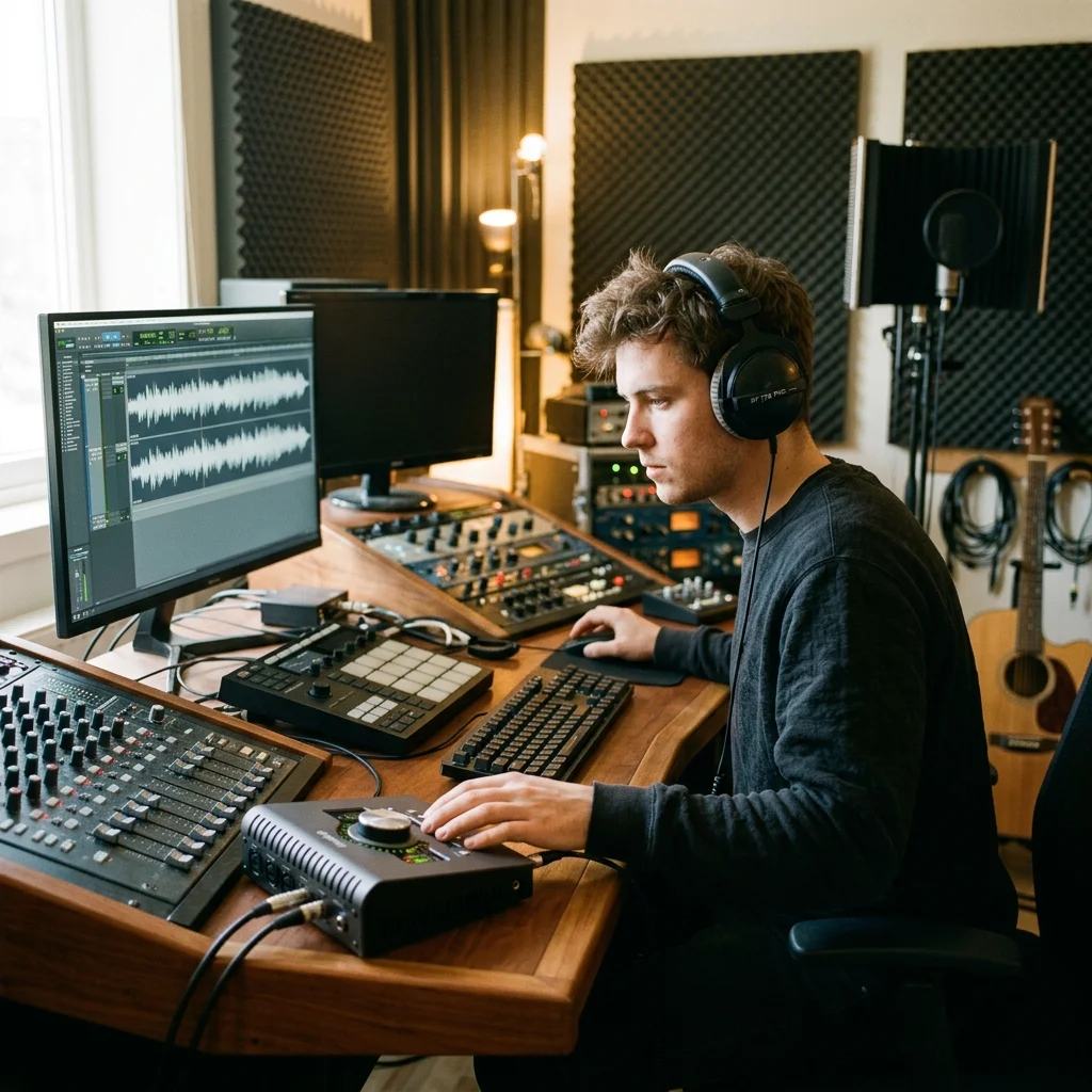 Audio engineer separating vocal and instrumental stems in a clean studio