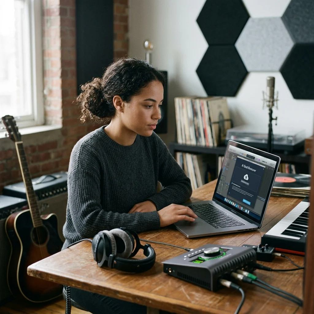 Audio engineer separating vocal and instrumental stems in a clean studio