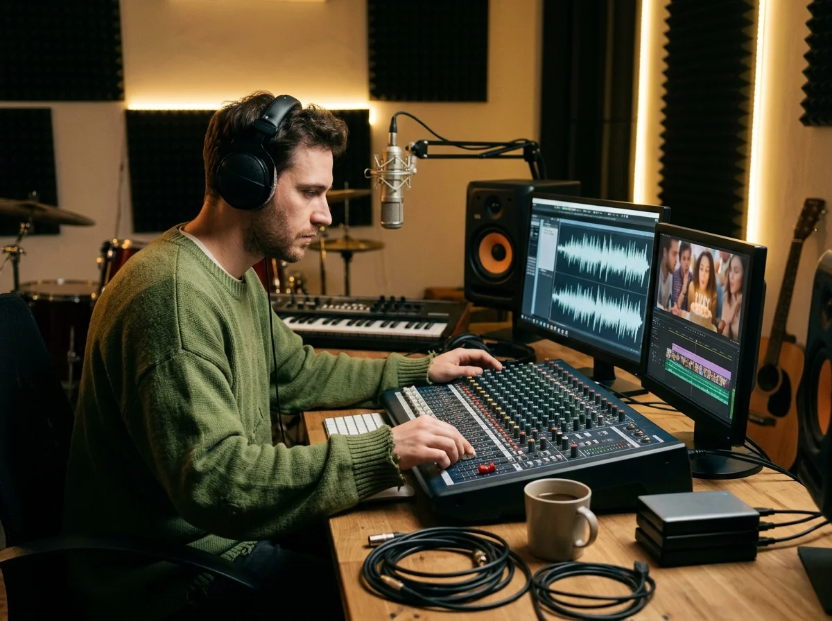 Sound designer analyzing BPM key and pitch before editing audio