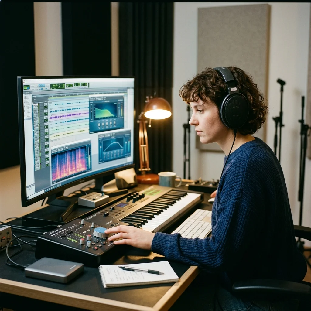 Independent musician shaping an AI music idea in a bright home studio