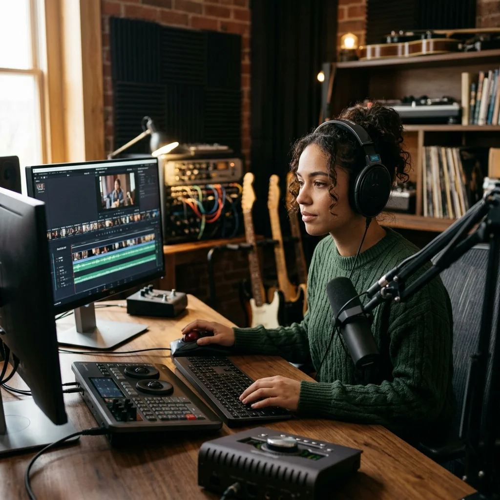 Sound designer analyzing BPM key and pitch before editing audio