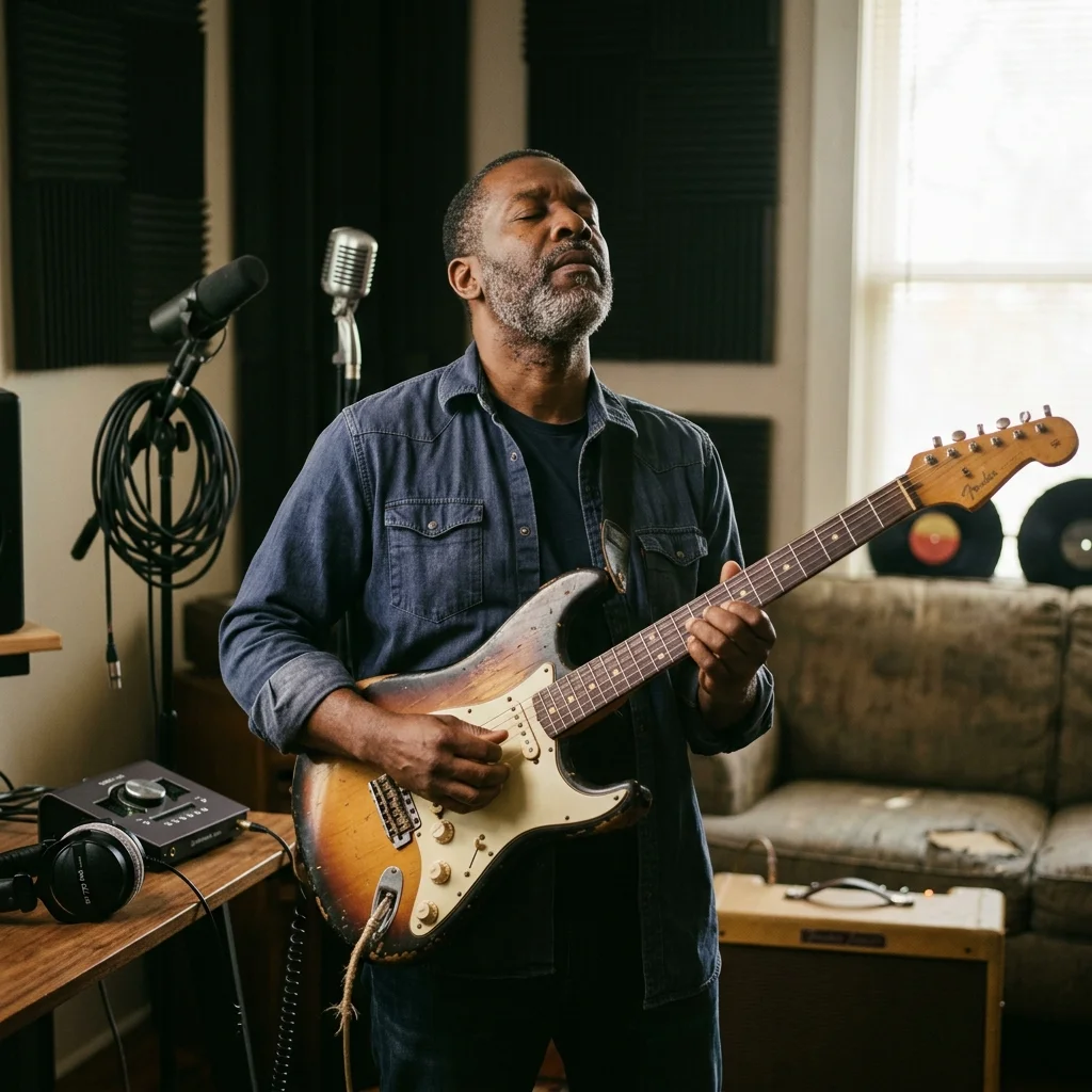 Independent musician shaping an AI music idea in a bright home studio