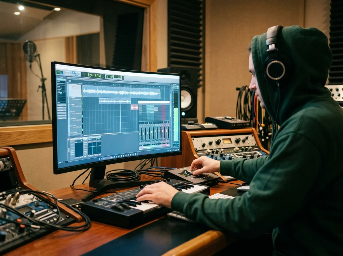 Audio engineer separating vocal and instrumental stems in a clean studio