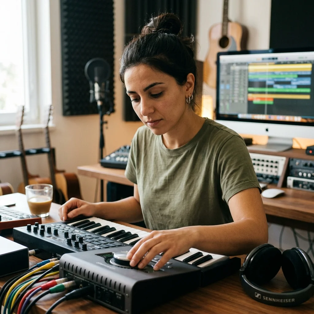 Composer building chords and MIDI ideas on a digital piano