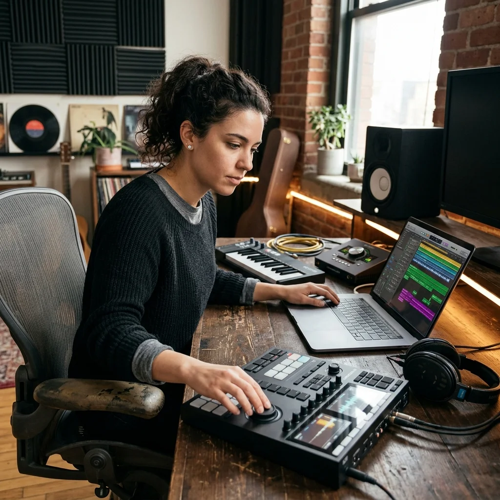 Audio engineer separating vocal and instrumental stems in a clean studio