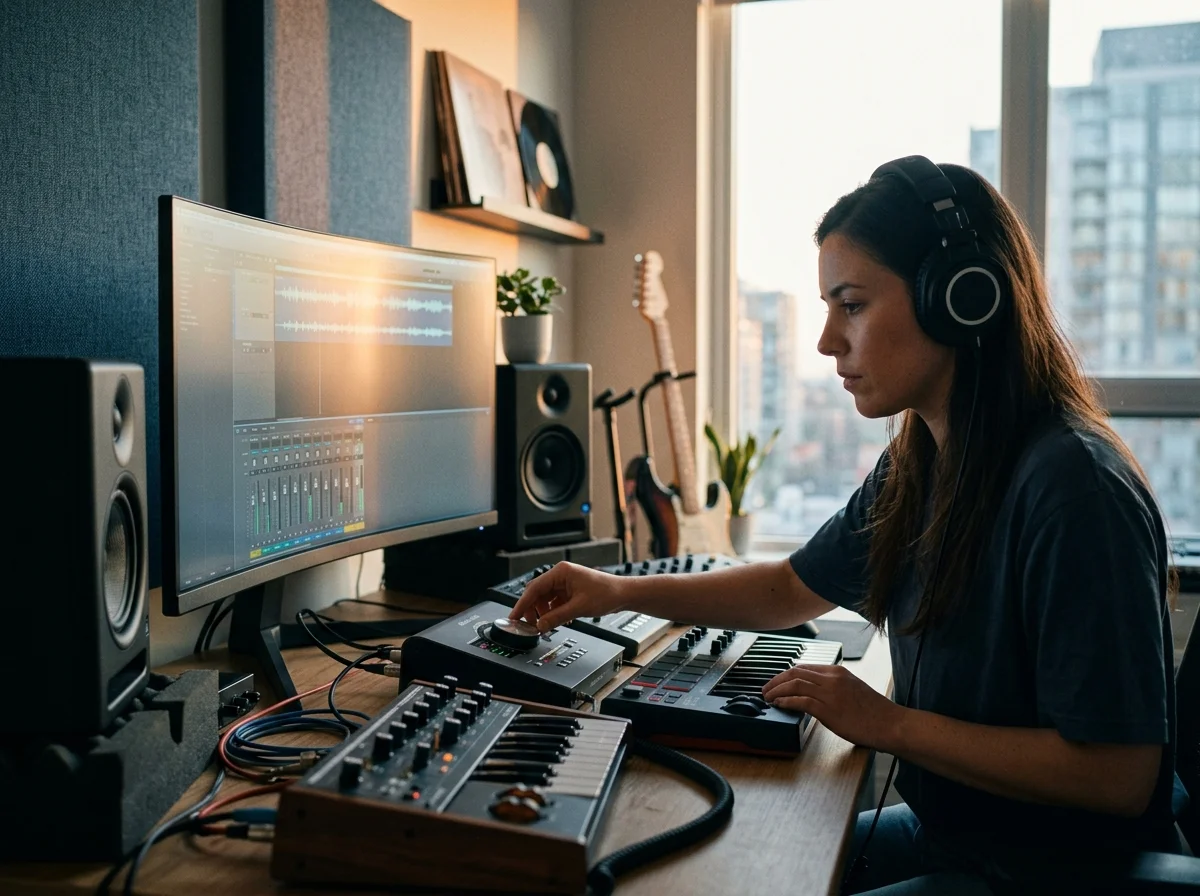 Composer building chords and MIDI ideas on a digital piano