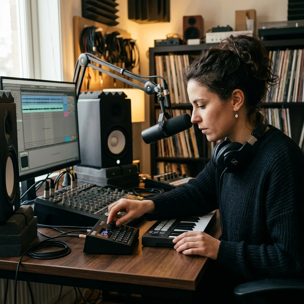 Sound designer analyzing BPM key and pitch before editing audio