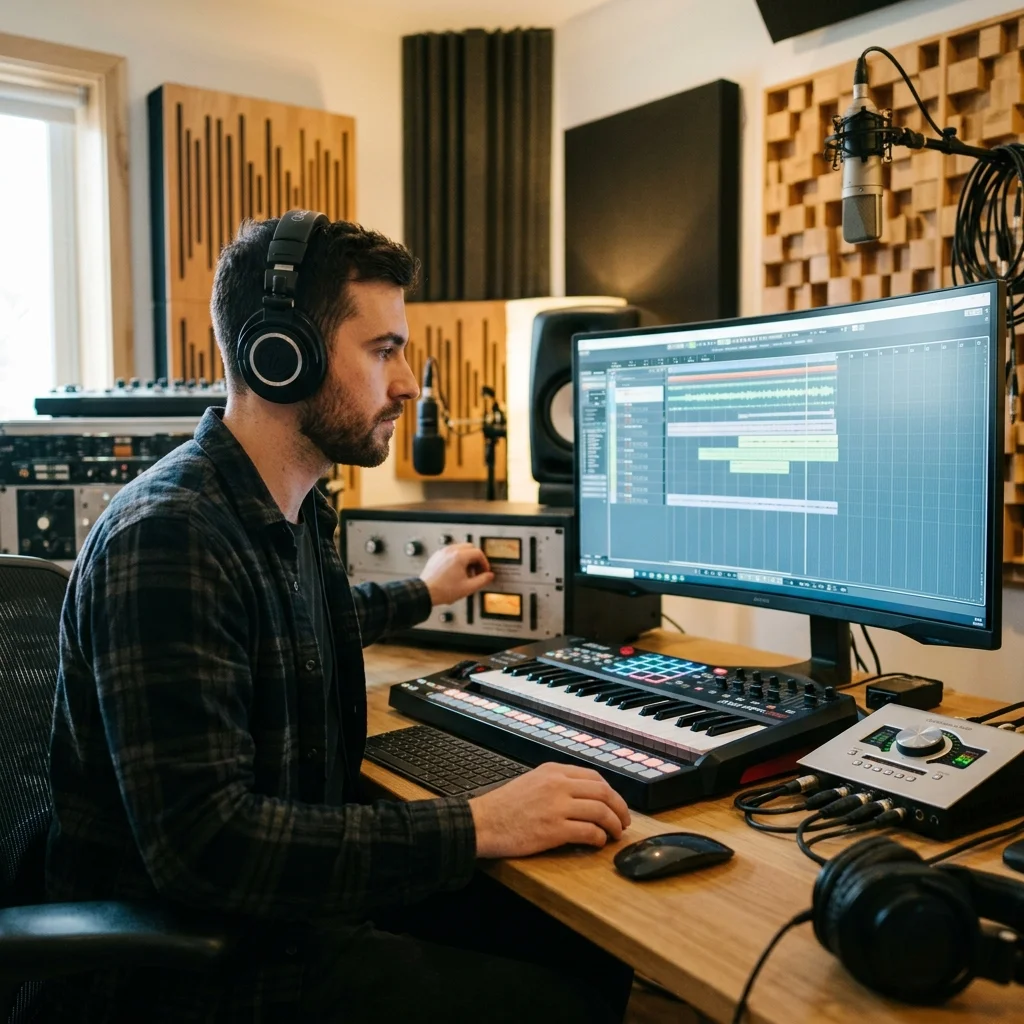 Composer building chords and MIDI ideas on a digital piano