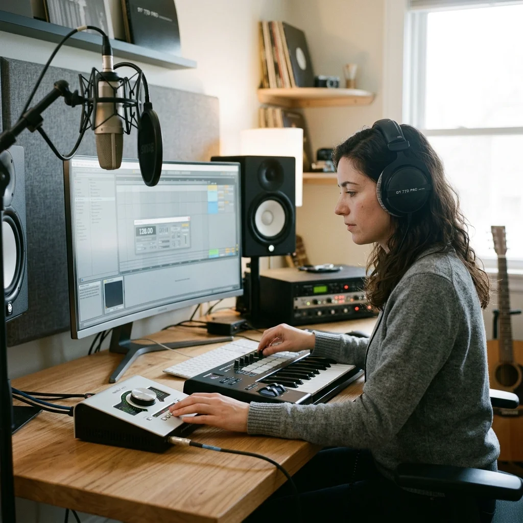 Audio engineer separating vocal and instrumental stems in a clean studio