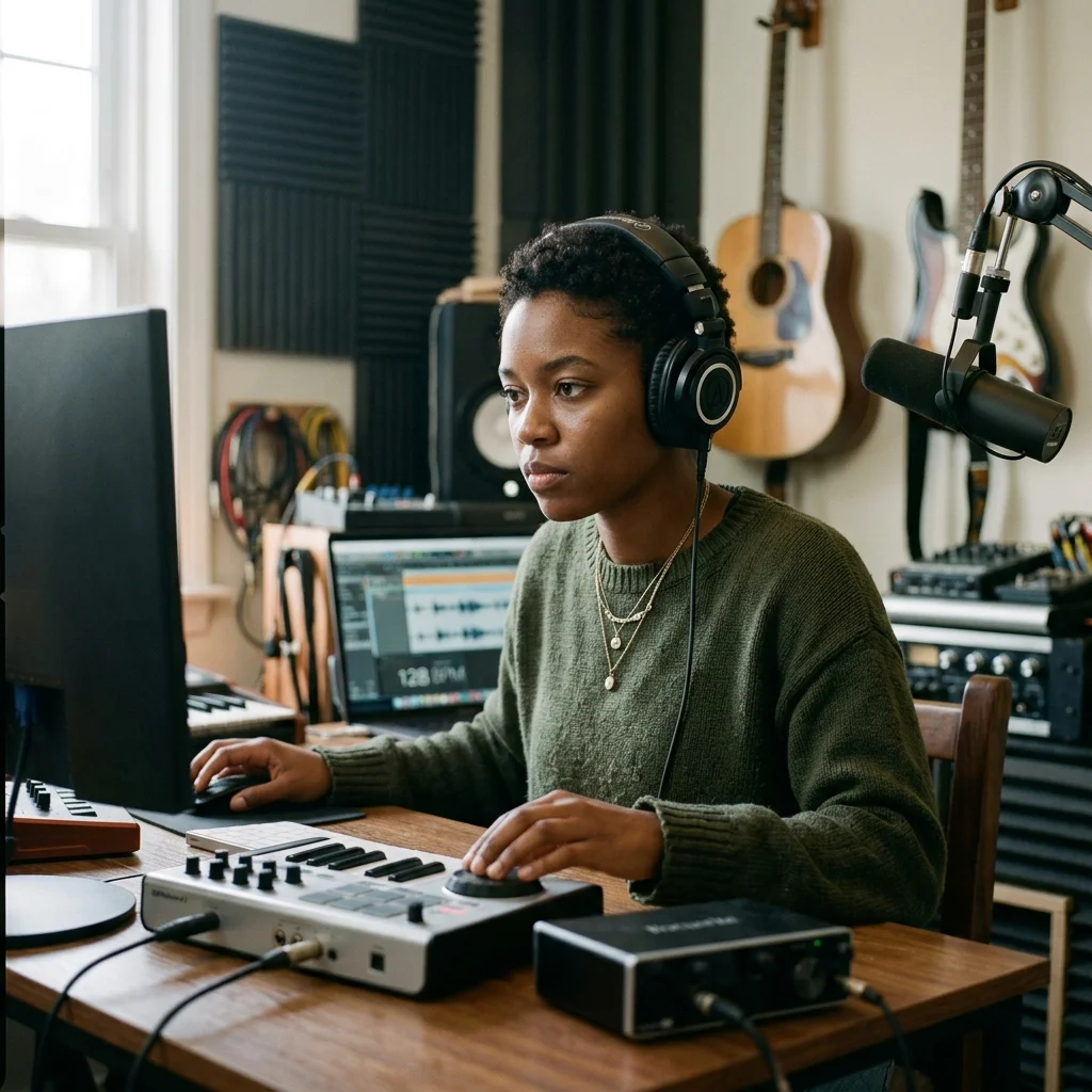 Audio engineer separating vocal and instrumental stems in a clean studio