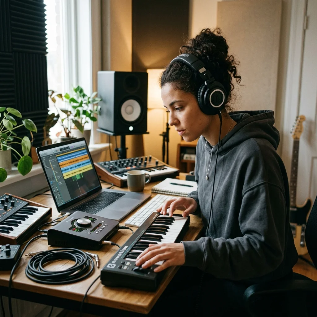 Independent musician shaping an AI music idea in a bright home studio
