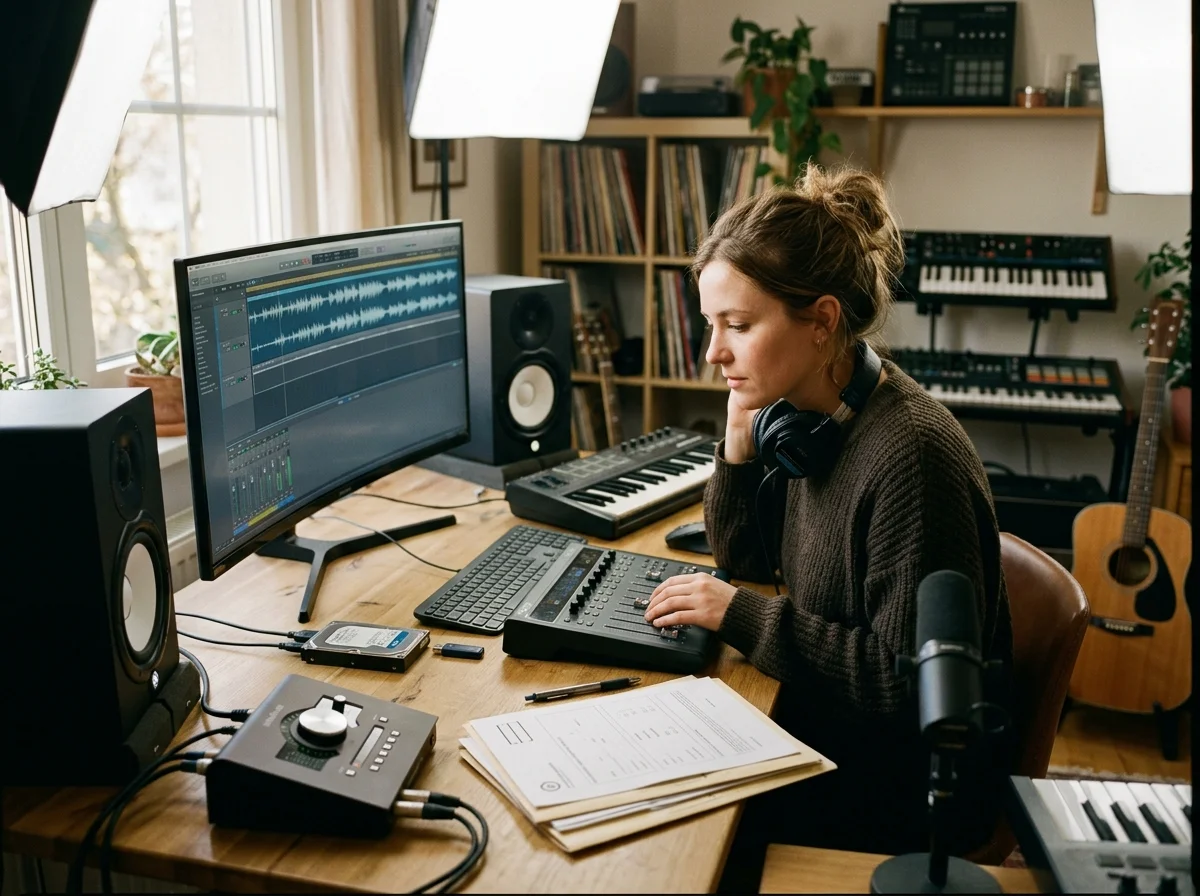 Creator editing a music video with waveform and caption timeline