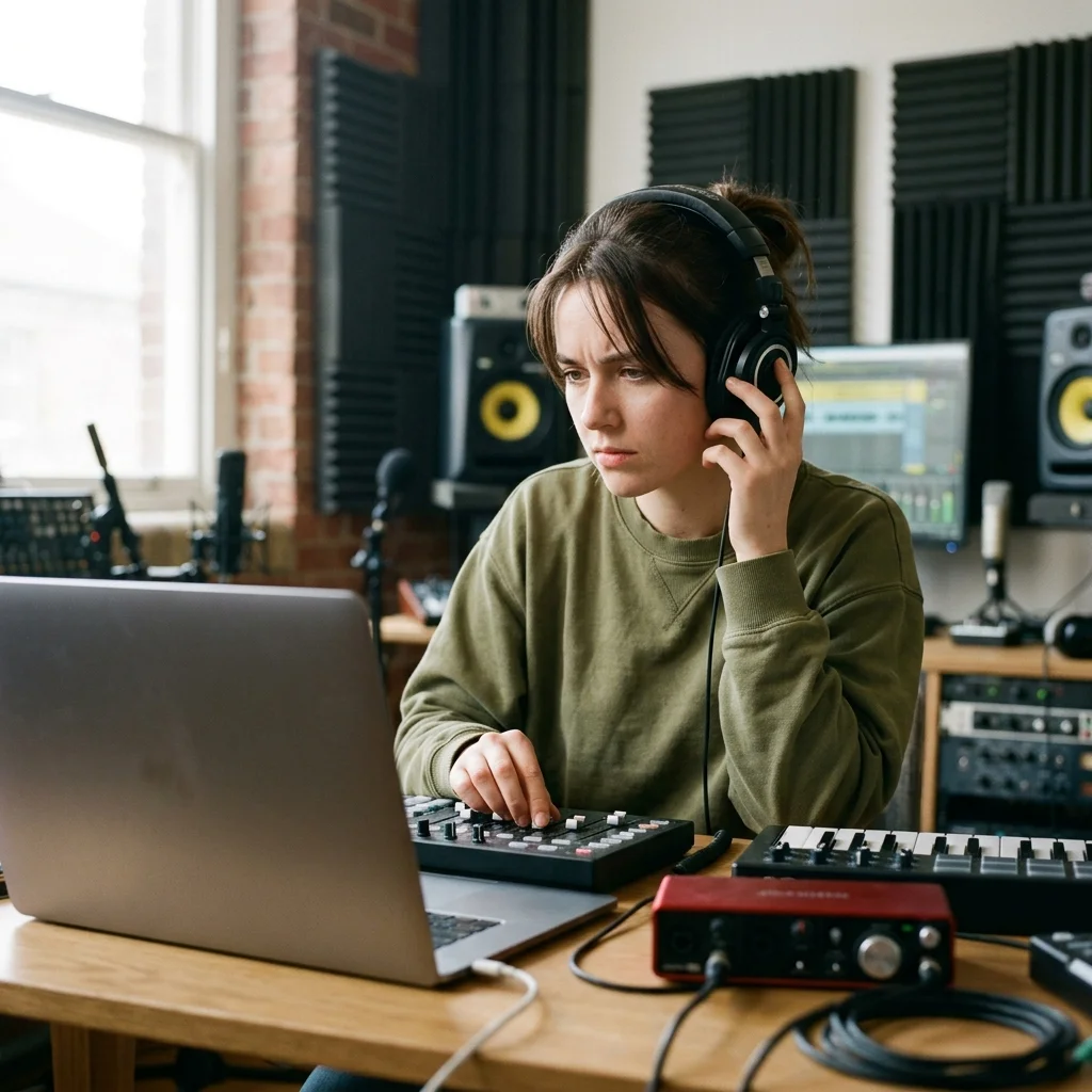 Independent musician shaping an AI music idea in a bright home studio