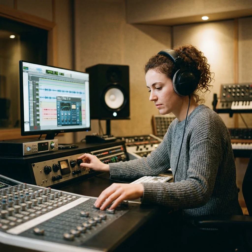 Songwriter turning rough ideas into lyrics with acoustic guitar nearby