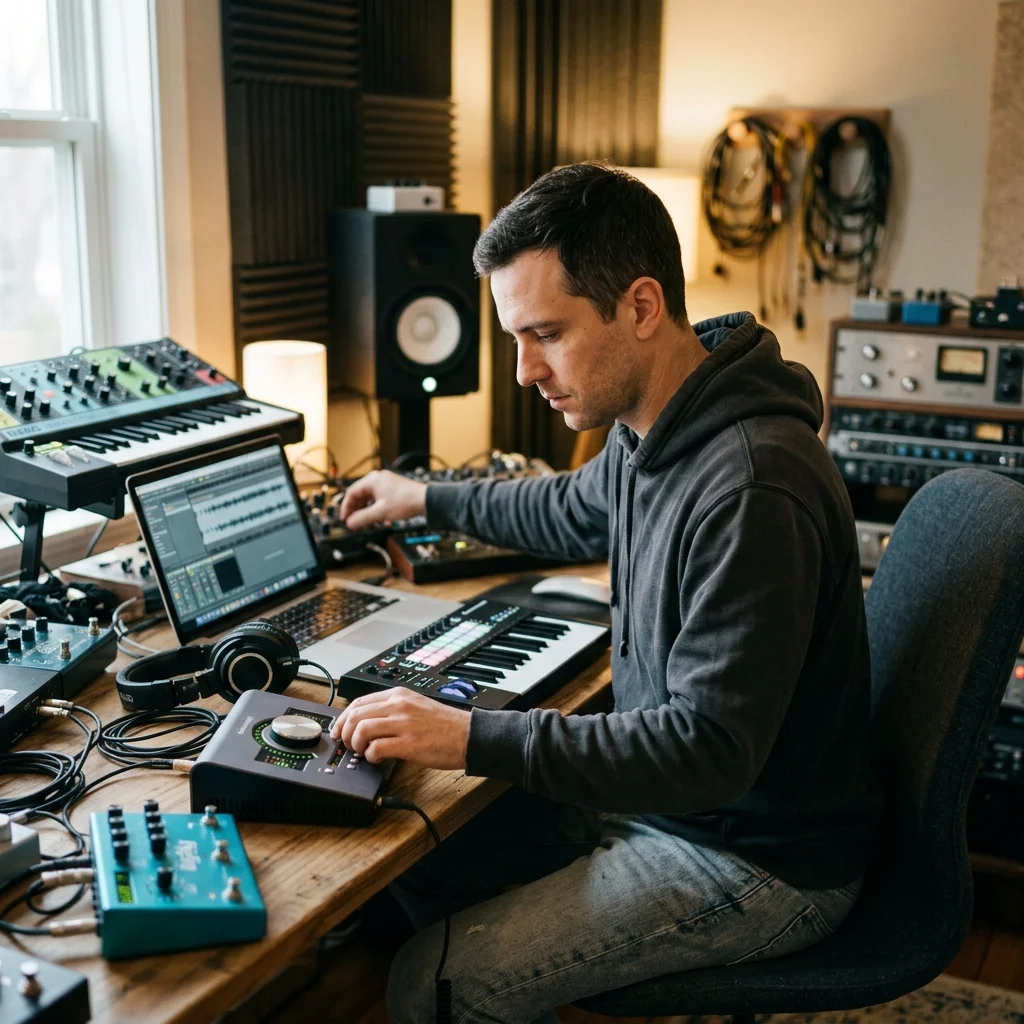 Creator shaping ambient background music with a compact sound texture device
