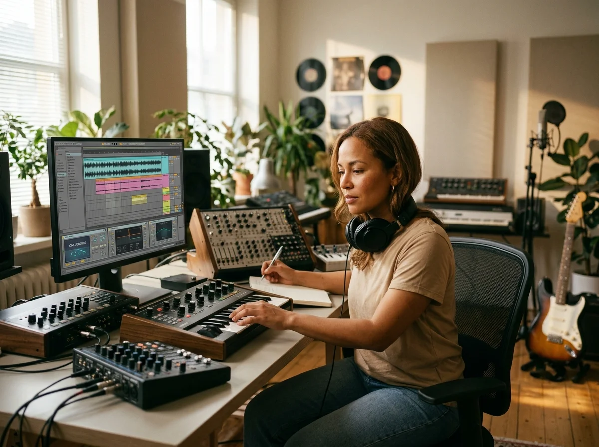 Sound designer analyzing BPM key and pitch before editing audio