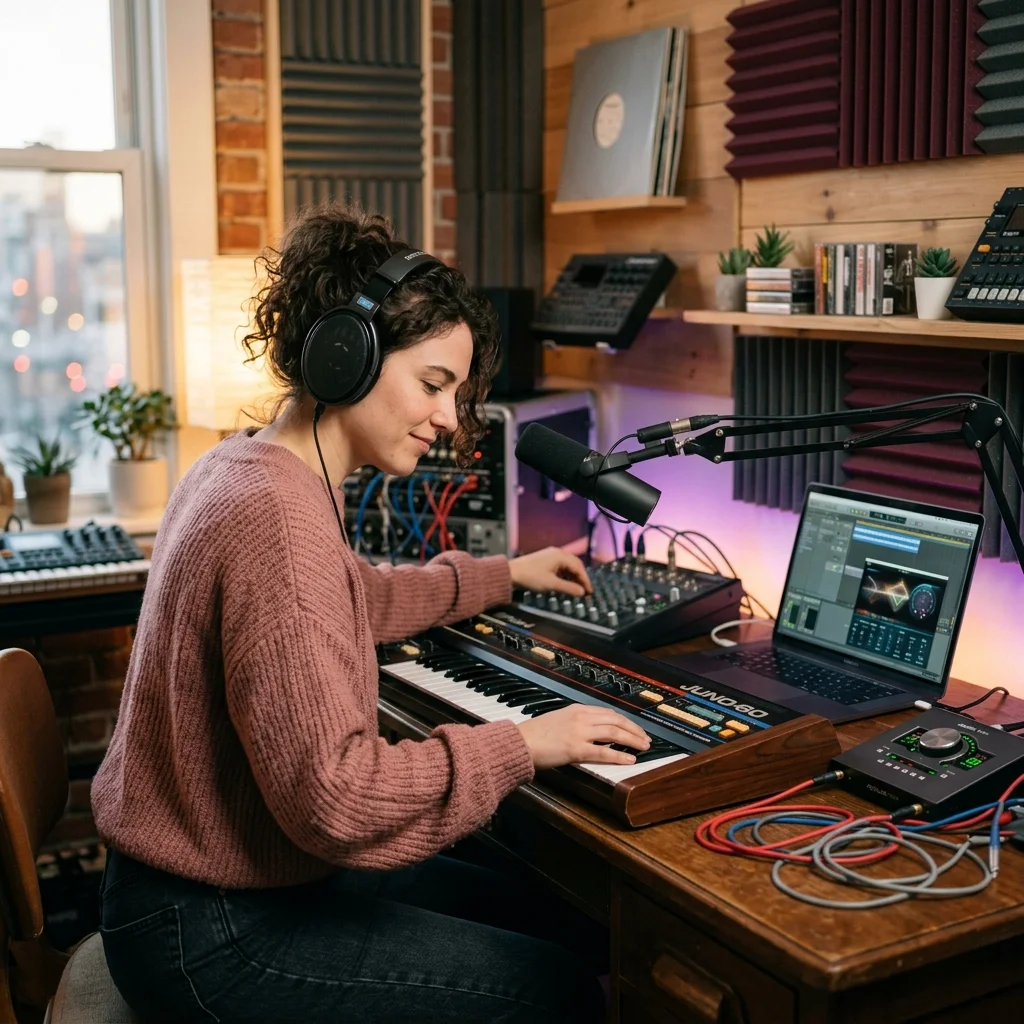 Creator shaping ambient background music with a compact sound texture device