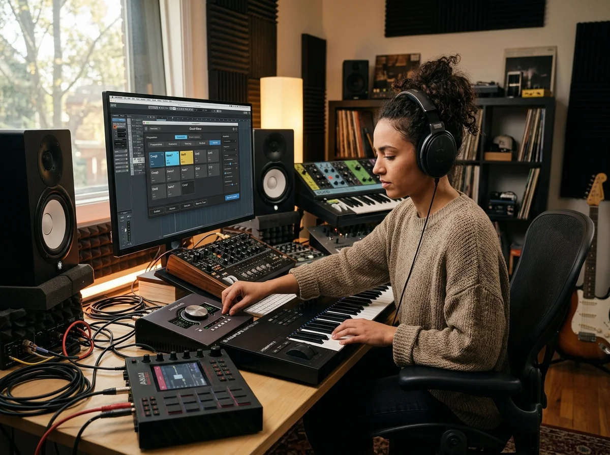 Beat producer tapping a drum pad controller for a new genre idea