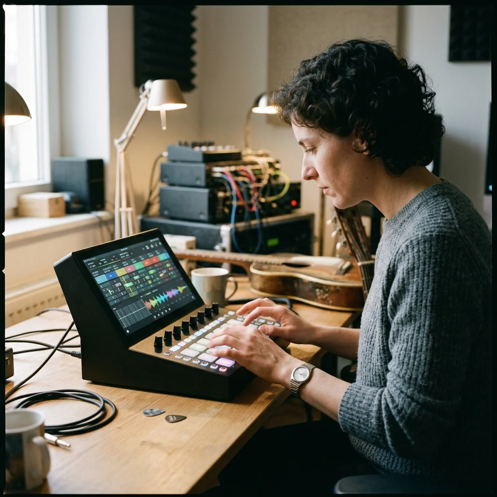 Composer building chords and MIDI ideas on a digital piano