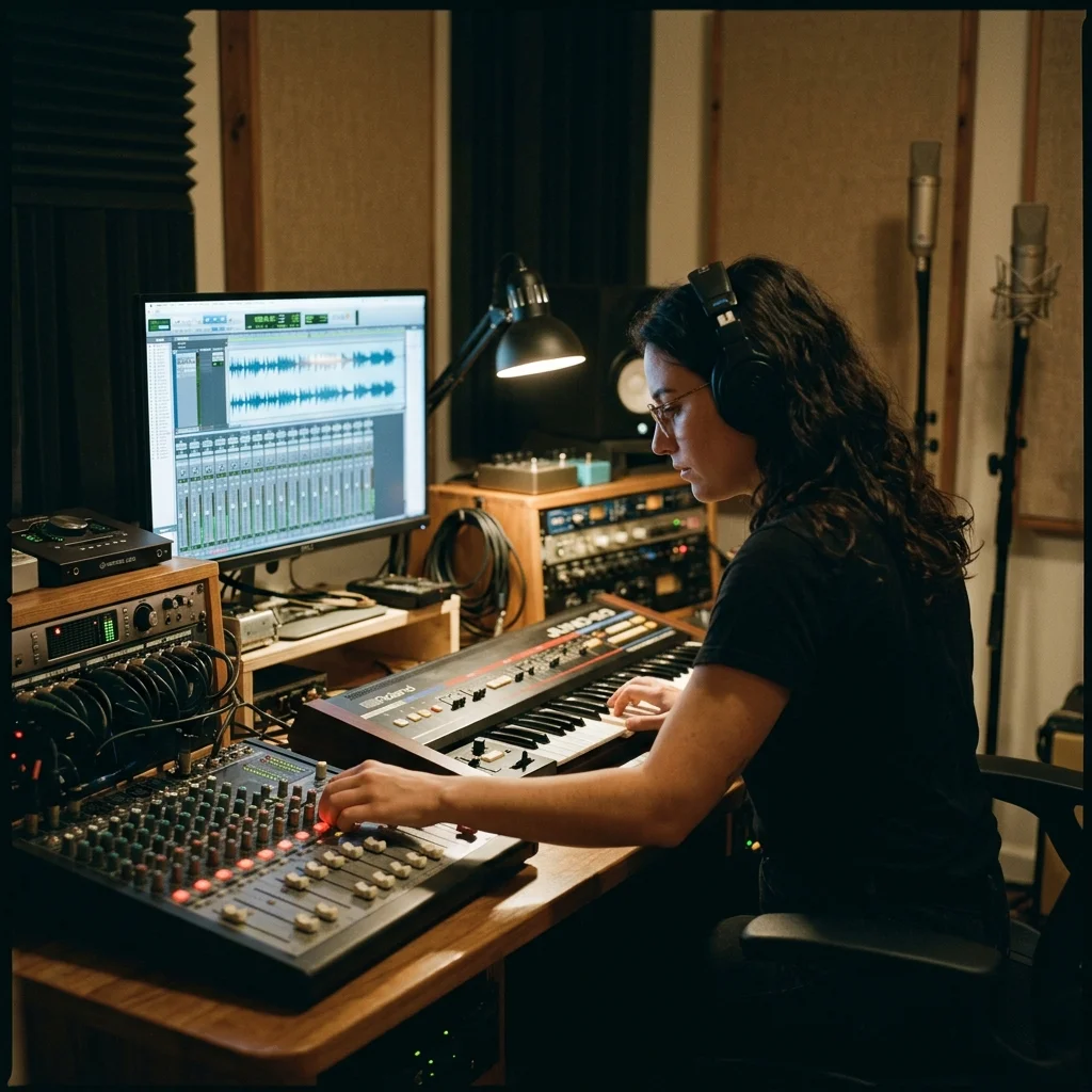 Independent musician shaping an AI music idea in a bright home studio