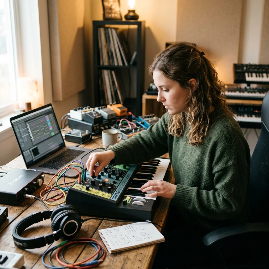 Beat producer tapping a drum pad controller for a new genre idea