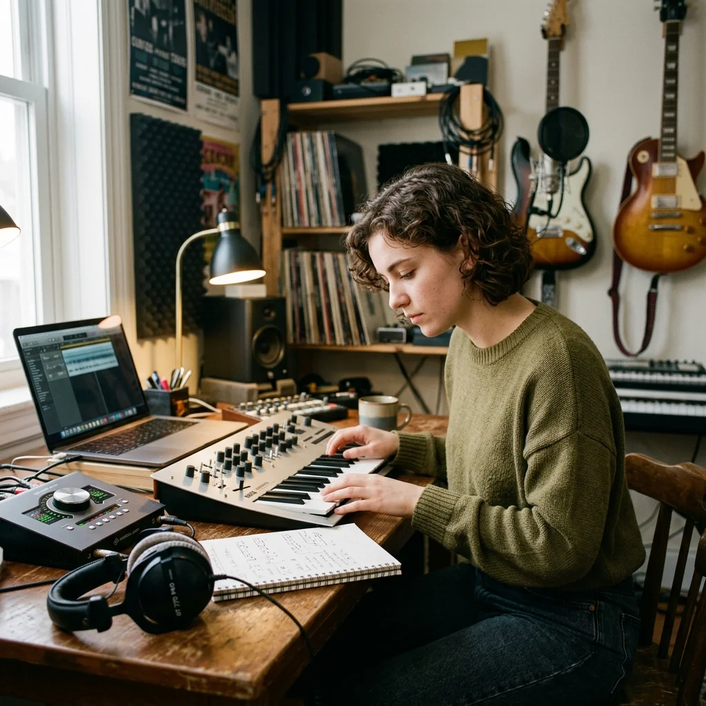 Composer building chords and MIDI ideas on a digital piano