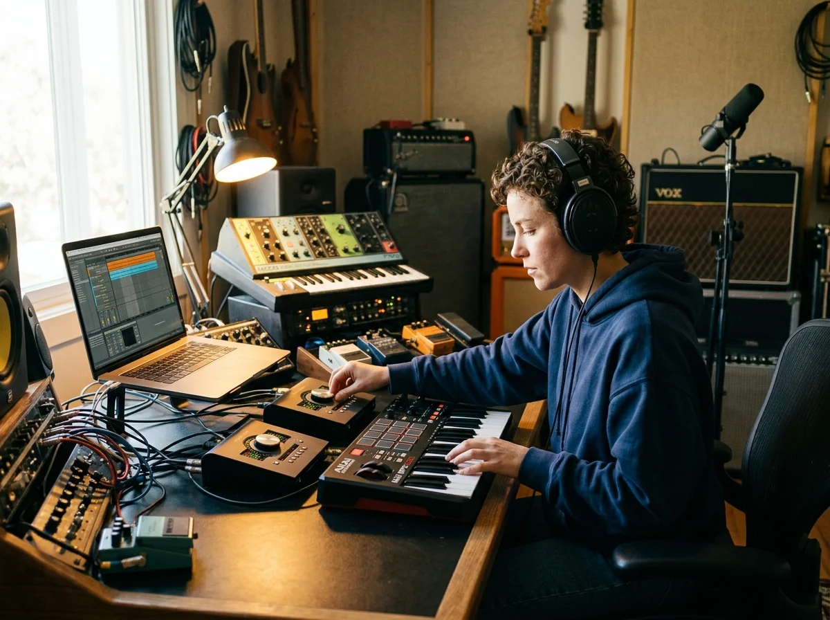 Beat producer tapping a drum pad controller for a new genre idea