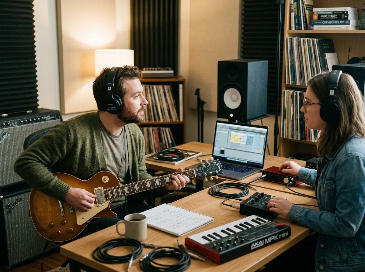 Creative team checking commercial music rights and publishing readiness