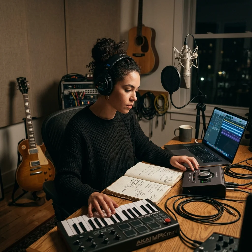 Composer building chords and MIDI ideas on a digital piano
