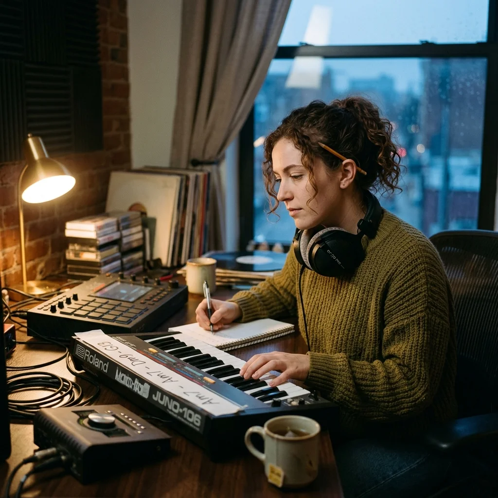 Independent musician shaping an AI music idea in a bright home studio