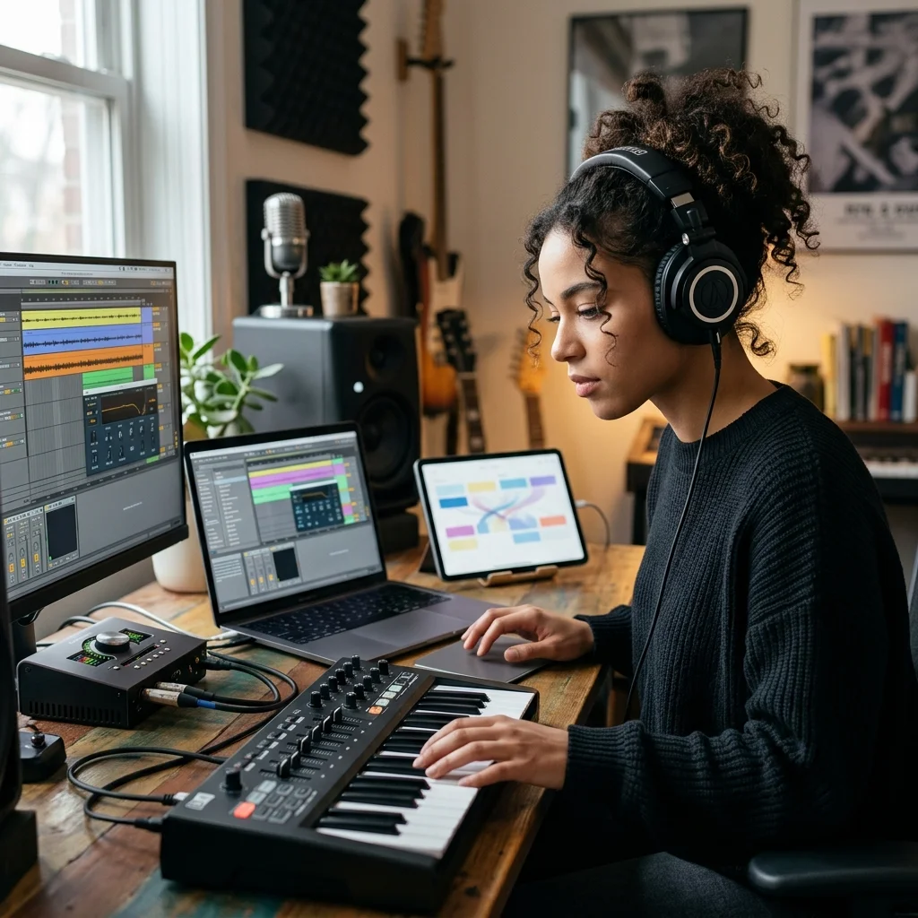 Beat producer tapping a drum pad controller for a new genre idea