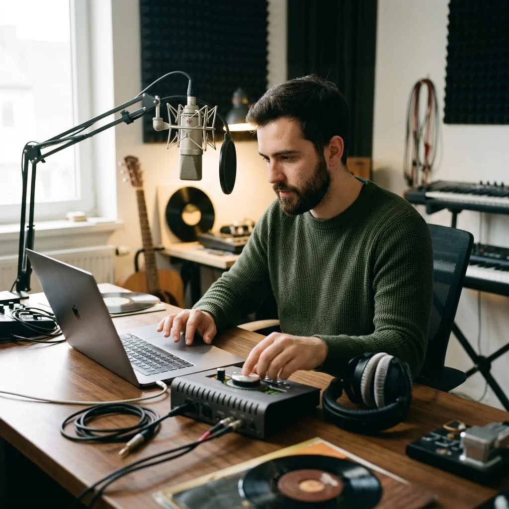 Independent musician shaping an AI music idea in a bright home studio