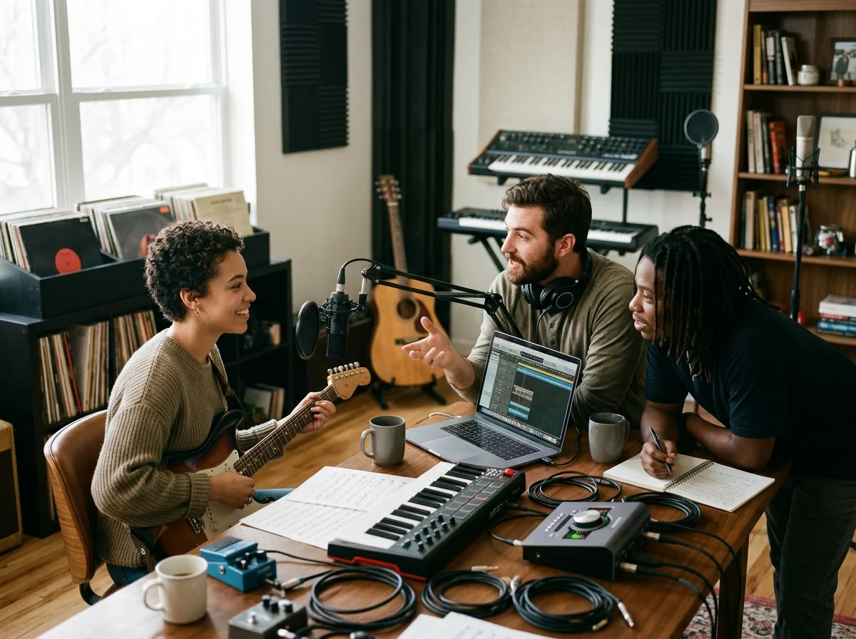 Independent musician shaping an AI music idea in a bright home studio
