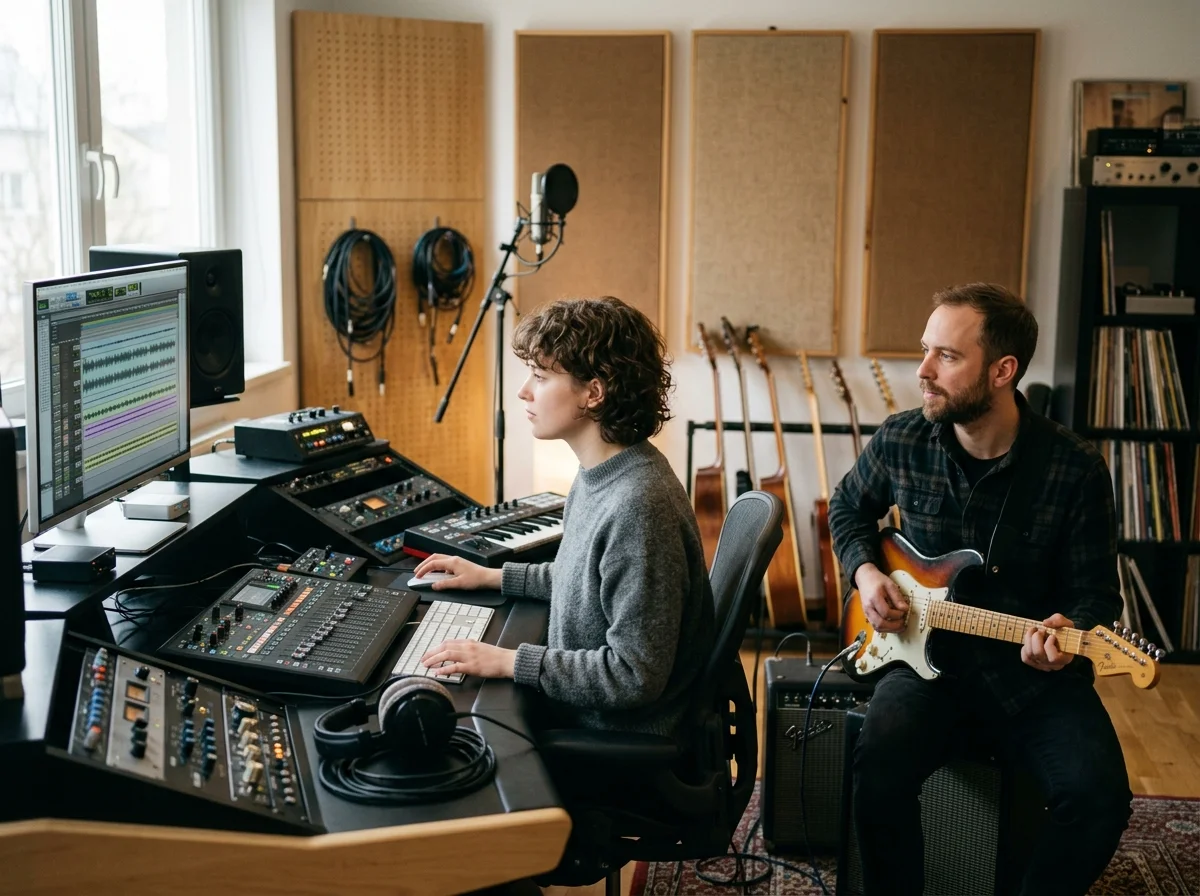 Independent musician shaping an AI music idea in a bright home studio