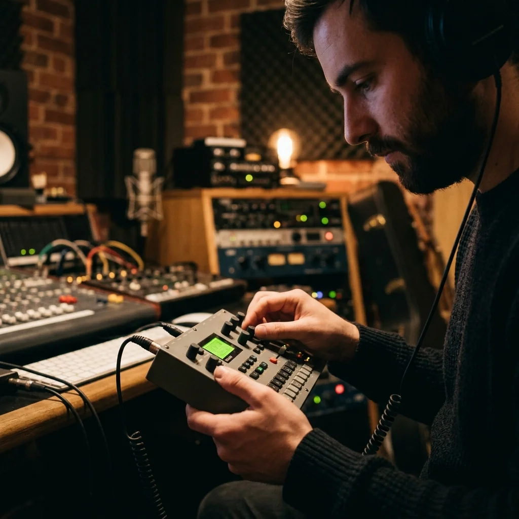 Independent musician shaping an AI music idea in a bright home studio