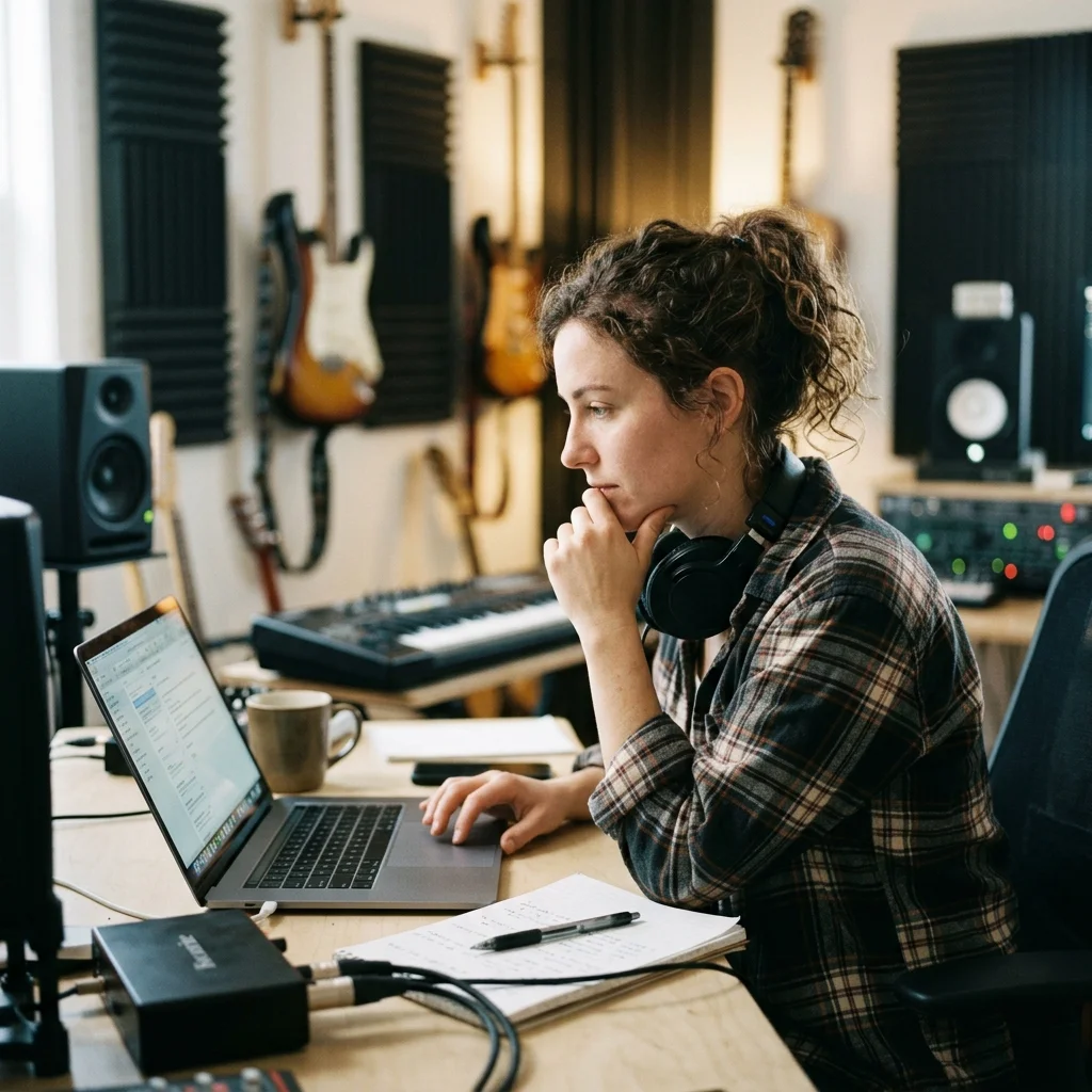 Songwriter turning rough ideas into lyrics with acoustic guitar nearby